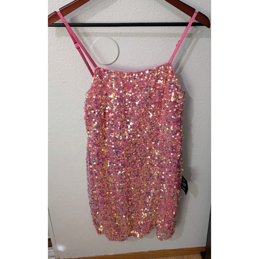 Lulus Pink Sequin Mini Dress Sz L‎ Sparkly Iridescent Bodycon Adjustable Straps